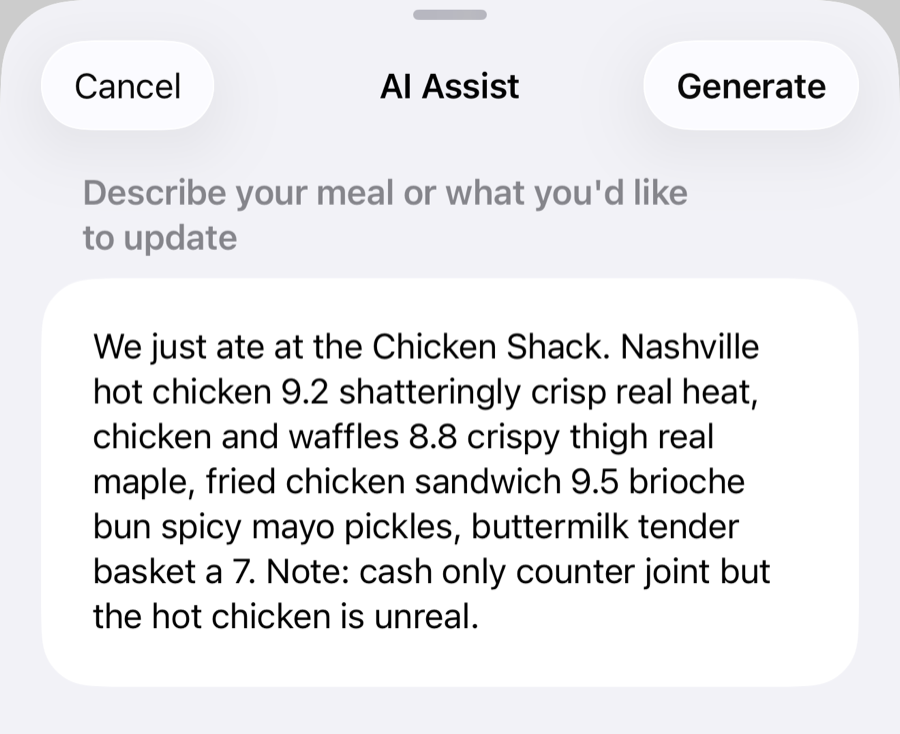 The DishDelish AI Assist sheet with a typed description of a meal ready to generate a full review
