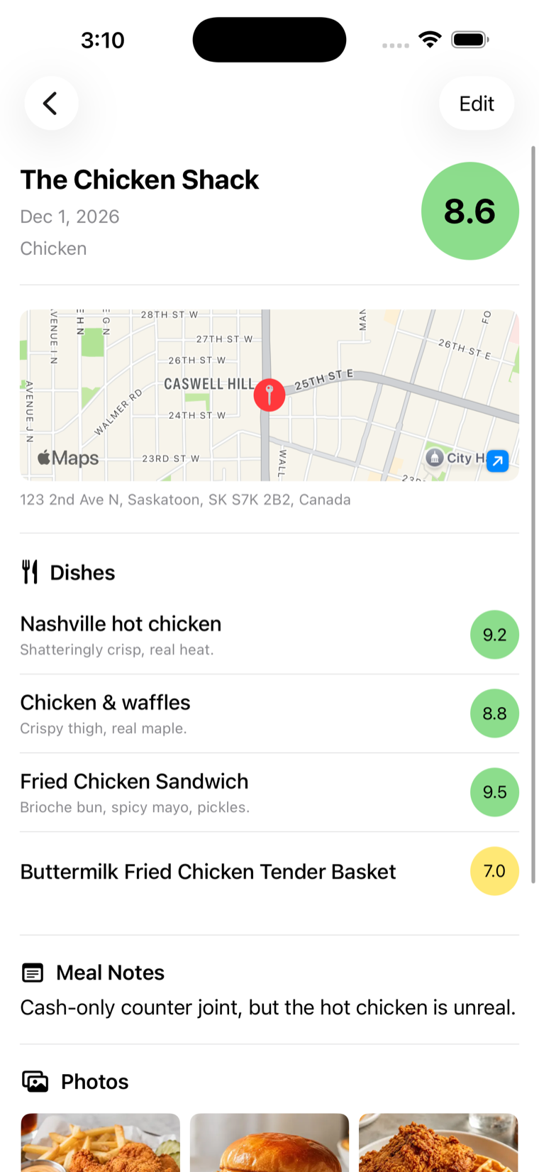A DishDelish restaurant review showing per-dish ratings, a map, meal notes, and photos